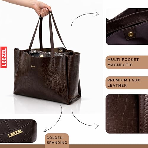 Image of LEEZEL Women's Structured Tote Bag - Large Capacity Work & Travel Purse Croco Pattern Vegan Leather Stylish Tote Bag Classic Everyday Shoulder Bag