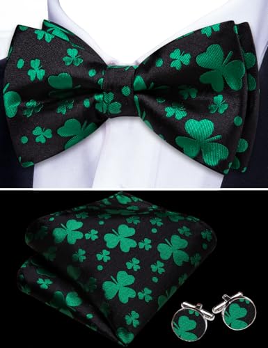Image of Barry.Wang Paisley Striped Bow Tie for Men Silk Pre-Tied Bowtie Pocket Square Cufflinks Set Formal Wedding Party Prom