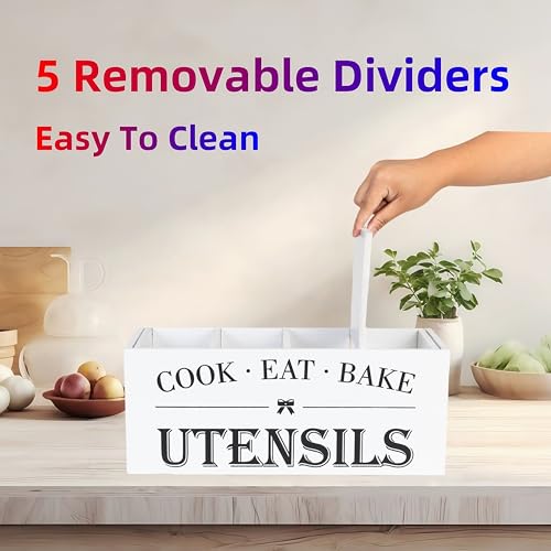 Utensil Holder,Extra Large Wooden Utensil Holder For Kitchen Counter,Cooking Spatula Organizer,Big Storage Caddy With 4 Compartments Flatware Spoon Tool Cutlery(White)