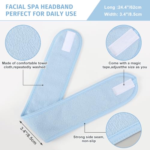 Image of Whaline 3Pcs Spa Facial Headbands Make Up Wrap Head Terry Cloth Headband Soft Adjustable Towel Band for Face Washing Shower Facial Cover Yoga (White, Black, Light Blue)