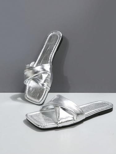 GORGLITTER Women's Silver Sandals Criss Cross Slip on Sandals Square Toe 2025 Trendy Vacation Sandals2
