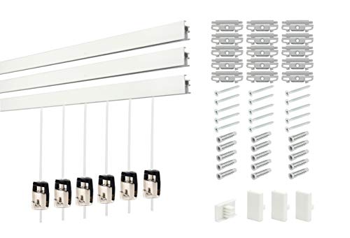 Shades Superior Design Clicktrack Heavy Duty Picture Hanging System Kit (3 Rails 6 Hooks and Clear Cords, White Rails)