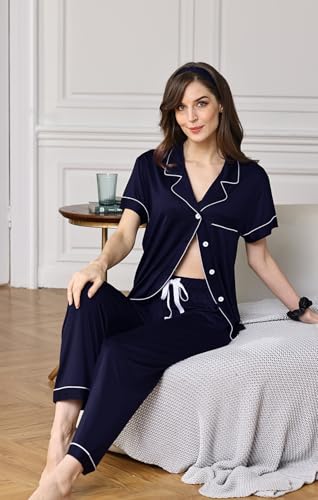 Image of WJing Yi Jia 3Pcs Soft Pajama Sets For Women XS-XXL Womens Pajamas Set Sleepwear Button Down Short Sleeve Long Pants Pj sets