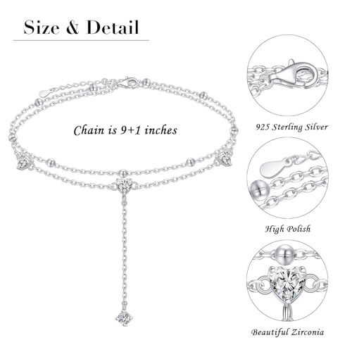 Image of S925 Ankle Bracelet for Women Heart Multilayer Anklets Dainty Beaded Chain Adjustable 9+1 Summer Cute Beach Foot Jewelry