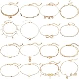 16Pcs Anklet Set - Adjustable Anklets for Beach & Surfer, Gold & Silver Heart Star Turtle Ankle Chains for Women & Girls