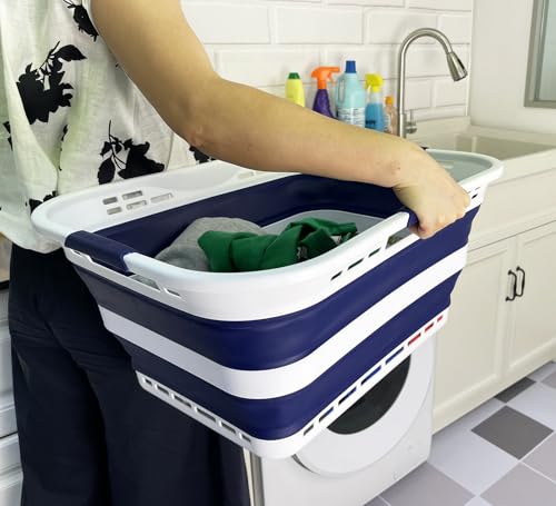 Image of SAMMART Set of 2 Collapsible Plastic Storage Basket - Foldable Pop Up Storage Container - Portable Laundry Organizer - Space Saving Hamper (White /Starry Blue, 42L (Style A))