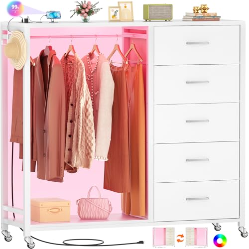 Image of Cyclysio Dresser with Hanging Rack, 5 Fabric Drawers Dresser with Clothes Rack, Wooden Top Storage Chest of Drawers with Charging Station & LED Lights, Lockable Wheels, Closet