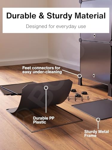 Image of BOXJOY 8 Shelf Shoe Rack with 4 Black Doors, 5 Hook Steel Holder & Wooden Hammer for Home Storage PP Plastic Organizer with Metal Door Frame to Cover Chappal Slipper Sandals Shoes Box Stand (Black)