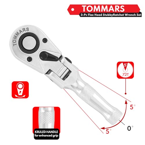 Image of TOMMARS Flex Head Stubby Ratchet Set, 1 /4 inch, 3 /8 inch, 1 /2 inch Socket Wrench Kit | Mechanic Hand Tool, Flexible, 72 Tooth 5-degree swing arc, Quick Release, Reversible