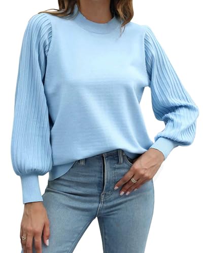 Ybenlow Womens Long Sleeve Knit Sweater Crewneck Trendy Loose Pullover Tops Pleated Lantern Sleeves Casual Sweaters Jumper Tops Light Blue cover