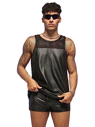 WDIRARA Men's 2 Piece Outfit Mesh Sheer Pu Leather Tank Top and Track Shorts Set