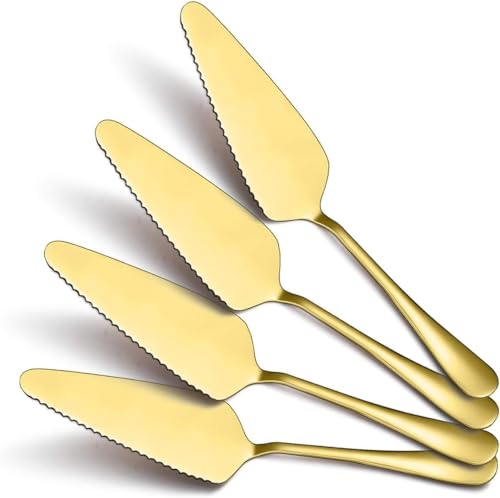 Stainless Steel Golden Cake Server, All In One Cutter & Server Set Pie Server Wedding Cake Knife for Party and Daily Use, Pack of 4