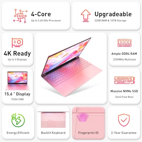 Image of Auusda Business Laptop Computer for Work, Notebook PC for College Students, 15.6 inch FHD Display, Up to 3.4GHz CPU, Backlit Keyboard, Fingerprint ID, Up to 10TB Storage, 16GB DDR4 RAM, 1TB NVMe, Pink