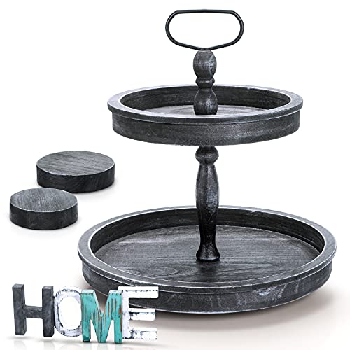 MILADY Farmhouse Tiered Tray, 2 Tiered Serving Tray 12.5 W x 18 H inches, Wooden Tiered Stand, Farmhouse Tiered Tray Decor with 2 Mini Wood Pedestal Riser and Wooden Home Sign