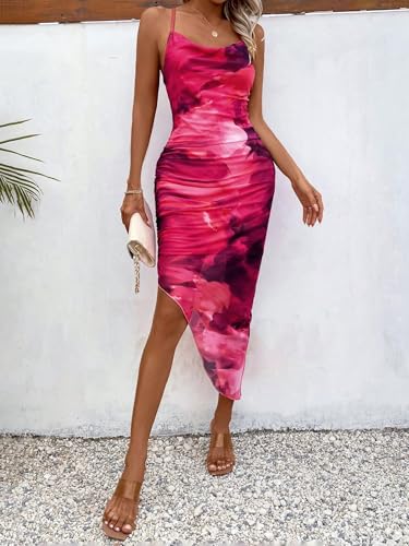 Image of LIGHT DOT Women's Spaghetti Strap Printed Bodycon Ruched Midi Cocktail Dress Sexy Cowl Neck Tie Dye