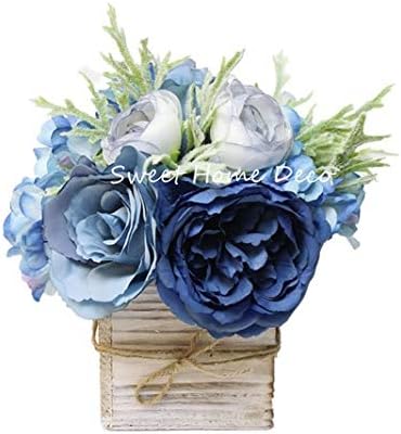 Sweet Home Deco 8'' Silk Rose Peony Hydrangea Mixed Flower Arrangement w/Wood Vase Wedding Home Decorations (Blue)