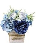 Sweet Home Deco 8'' Silk Rose Peony Hydrangea Mixed Flower Arrangement w/Wood Vase Wedding Home Decorations (Blue)