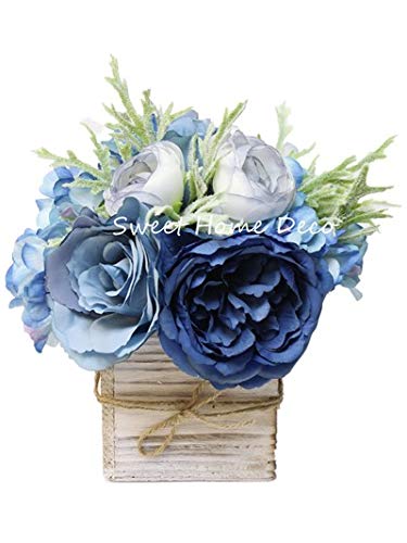 Sweet Home Deco 8'' Silk Rose Peony Hydrangea Mixed Flower Arrangement w/Wood Vase Wedding Home Decorations (Blue)