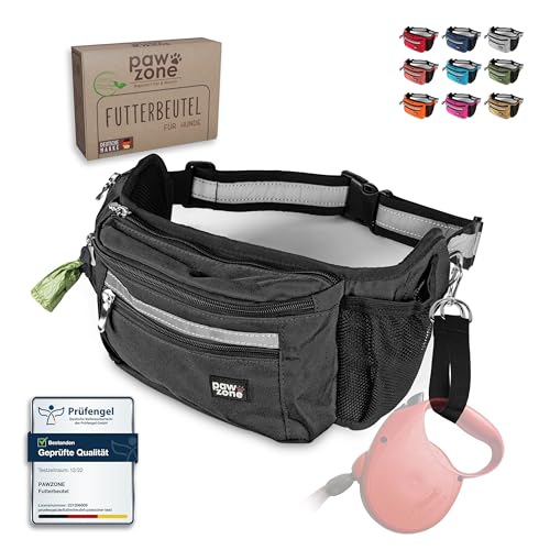 PAWZONE Futterbeutel Hunde - Leckerlibeutel für Hunde - Bauchtasche für Hunde Zubehör - Leckerlitasche für Hunde - Inkl. Reflektorband & Zusatzgurt für Flexileine (Schwarz)
