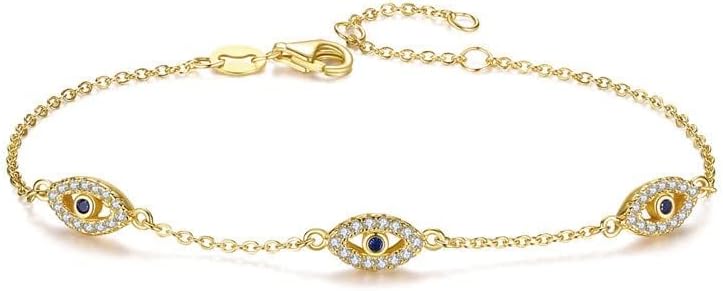 Solid 14K Gold Over 925 Silver Moissanite Evil Eye Bracelet for Women,Luxury Triple Blue Evil Eye Adjustable Chain Bracelet,Fashion Christmas Jewelry Gift for Her - Image 2