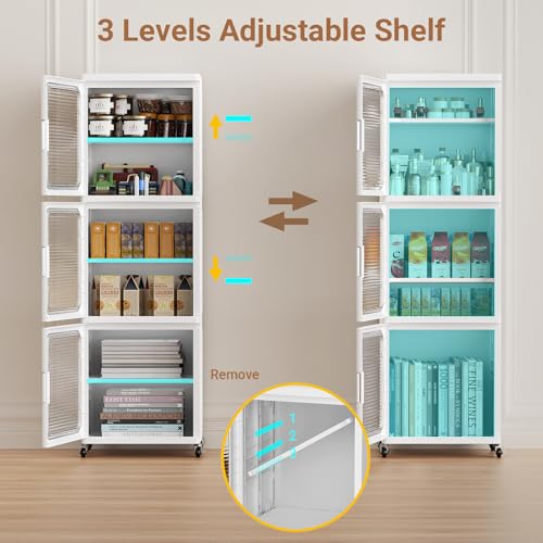 Image of BROVIEW 4-Tier Tall Narrow Storage Cabinet 14.6 inch Wide, Slim Bathroom Cabinets with Adjustable Shelves and Doors, Plastic Kitchen Pantry Organizers and Storages for Small Space, Laundry, White