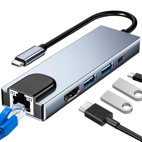 Ebksqs 5 en 1 Hub USB C Ethernet, Adaptador USB C a RJ45, 4 Puertos USB 3.0, Hub Multipuerto con Conexión a Internet, Compatible con Portátiles y Tablets