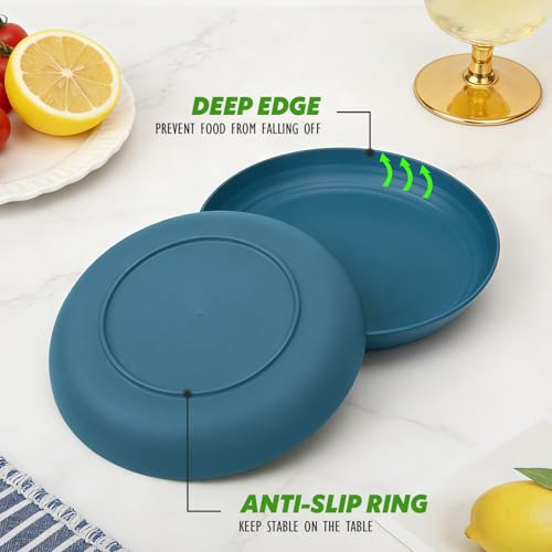 Image of 8In Wheat Straw Plates of 6, Unbreakable Deep Dinner Plates, Blue | Unbreakable & Lightweight Kids Dinner Plates for Kitchen, Camping, Party, Microwave and Dishwasher Safe