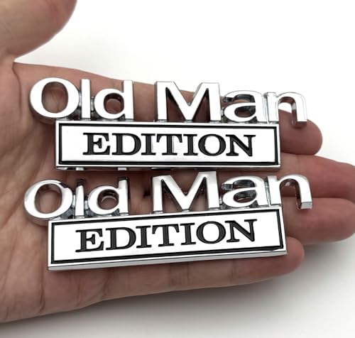 Image of 2pcs Metal Old Man Edition Emblem 3D Badge Fit for Universal Car Truck SUV Side Rear Front Hood Trunk Door Decal Sticker (Silver Black)