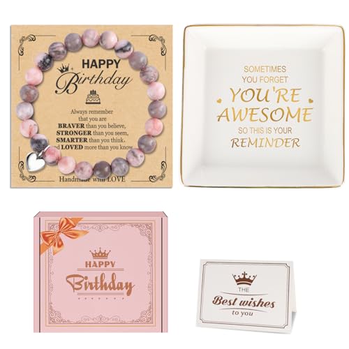 Birthday Gifts for Women, Natural Stone Bracelet & Jewelry Dish Birthday Gifts Box for Women, Inspirational Birthday Gifts Ideas Unique Birthday Gifts Basket for Her Mom Friends Coworker Wife Sister