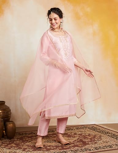 Image of Amazon Brand - Myx Women's Embroidered Kurta Pant Set with Organza Dupatta | Salwar Suit (Available in Plus Sizes)
