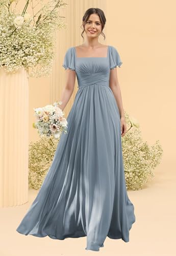 Women's Flutter Sleeves Bridesmaid Dress with Slit Chiffon Formal Evening Gowns Hi0014