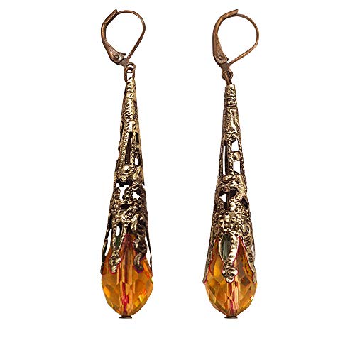 Indian Ethnic Vintage Silver Crystal Teardrop Dangle Drop Earrings Boho Gypsy Retro Rhinestone Hook Earrings For Girls And Women Love Gift (Orange) #TOP11