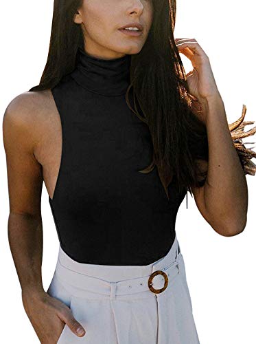 REORIA Women Casual Sleeveless High Turtleneck Bodysuit Mock Neck Tank Tops Slim Fit Stretchy Leotard Bodysuits Black 2X-Large