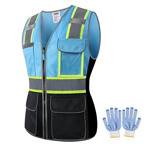 Jkwearsa Safety Vest For Women,High Visibility Reflective Work Vest With Multi Pockets And Zipper,Blue And Black,X-Large #TOP26