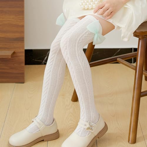 Pack Of 1 Pair Girls Breathable Mesh Knee Length Socks Bowknot Accent Socks Stretchy Comfort For Ages 3-13 Years Stackable St4