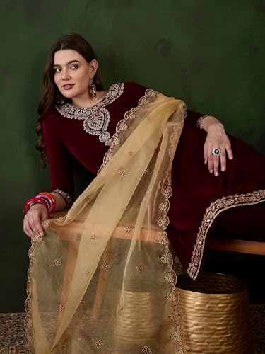 Image of SheWill Kurta Set for Women - Maroon Velvet Zari Sequence Cording Embroidered Kurta with Pant and Cutwork Organza Dupatta