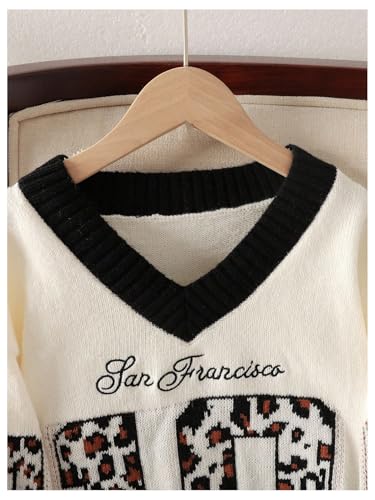 Girl's Number Leopard Sweater Long Sleeve V Neck Oversized Knit Pullovers Tops3