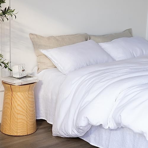 Image of XZ XIFA 100% Washed French Flax Linen Duvet Cover Set - 3 Pieces, Cooling & Textured Farmhouse Bedding for Hot Sleepers, with Zipper Closure (White, Full)