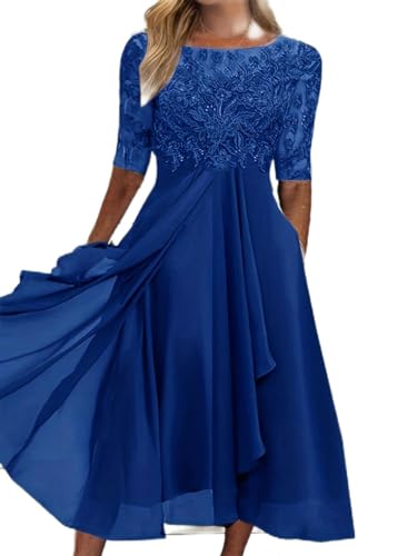 WEITING Vestido de Noche de Dama de Honor de Primavera y Verano Europeo y Americano Vestido de Gasa Hueco de Manga Media de encaje Azul 3XL