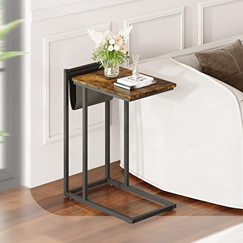 Novilla Sofa Side Table Living Room, C-Shaped Laptop End Table for Office, Industrial Style Metal Frame, Small Coffee Table with 4 Wheels and Handles, Bed Side Nightstand For Bedroom, Black