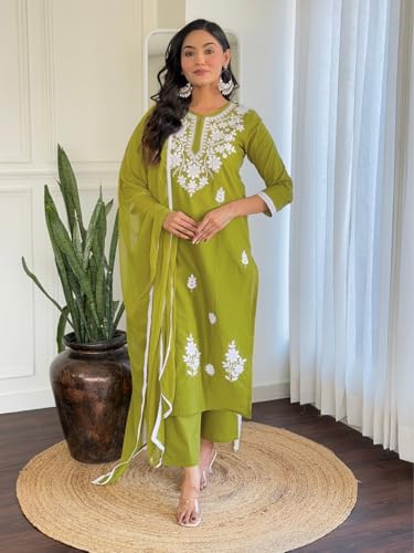 Image of Naixa Women's Cotton Embroidered Straight Kurta with Pant and Dupatta Sets (Available in Plus Size) (NX-574)