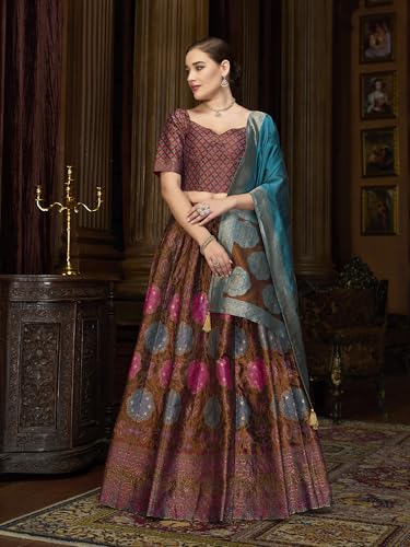 Image of PURVAJA Women's Kanjiwaram Semi-Stitched Lehenga choli