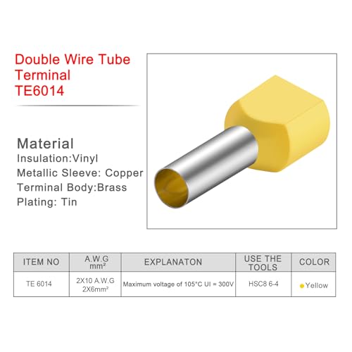 Heschen Zwillings-Crimp, TE6014, AWG10*2/2 * 6mm², Zwillings-Aderendhülsen, Zwillings-Aderendklemmen, Länge 14mm, gelb (100)