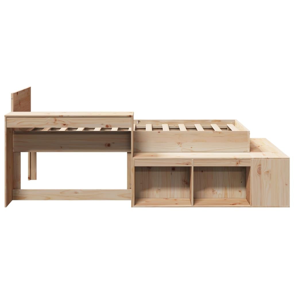 vidaXL Massivholzbett, Einzelbett Holzbett ohne Matratze, Bettgestell mit Lattenrost Kopfteil, Bett Nachttisch mit Schreibtisch, 90x200cm Kiefernholz