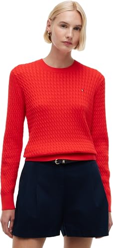 Tommy Hilfiger Damen Pullover Cable Fine Zopfstrick, Rot (Fire Red), XXS – Ansicht 1