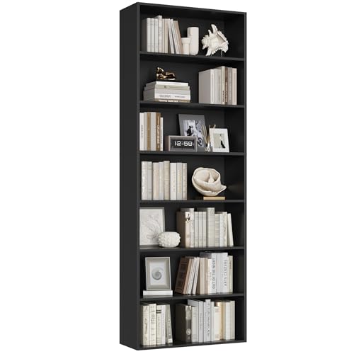 FirFurd B&uuml;cherregal, Regal mit 7 F&auml;chern, B&uuml;cherschrank, Standregal, Aufbewahrungsregal, f&uuml;r Wohnzimmer B&uuml;ro Schlafzimmer, 209,5 x 60 x 23,5 cm, schwarz