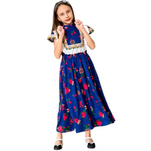 IDOPIP Muslim Dress for Girls Kids Long Sleeve Floral Print Abaya Dress Casual Maxi Moroccan Kaftan Gown Islamic Dubai Robe Thobe Arabian Ramadan Full Cover Prayer Clothes Dark Blue 5-6 Years