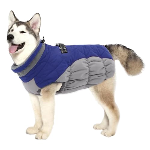 中型犬用犬用コート、フリース裏地付き冬用ペットジャケット、小型・中型・大型犬用ハーネス内蔵反射タートルネック犬用冬用コート,ブルー,M
