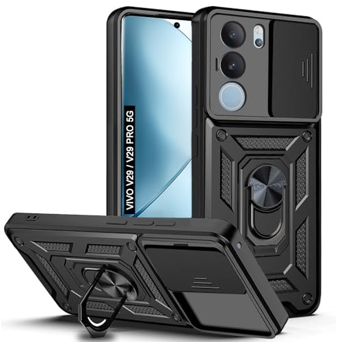 Image of AESTMO Tough Armor Vivo V29 / V29 Pro 5G Bumper Back Case Cover | Ring Holder & Sliding Camera Shield Cover | 360 Degree Protection Back Case Cover for Vivo V29 / V29 Pro (Black) - Polycarbonate