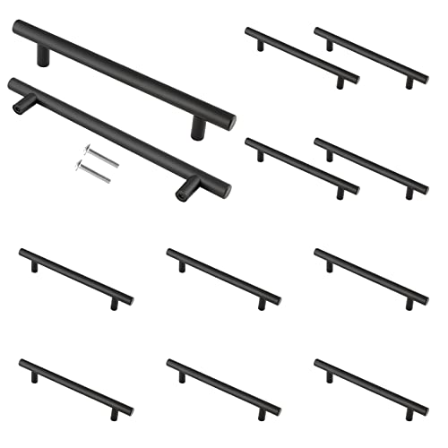 Cjueiom Matt Black Cupboard Handles, 96mm Hole Center T Bar Knobs, 12 Pack Stainless Steel Drawer Pulls